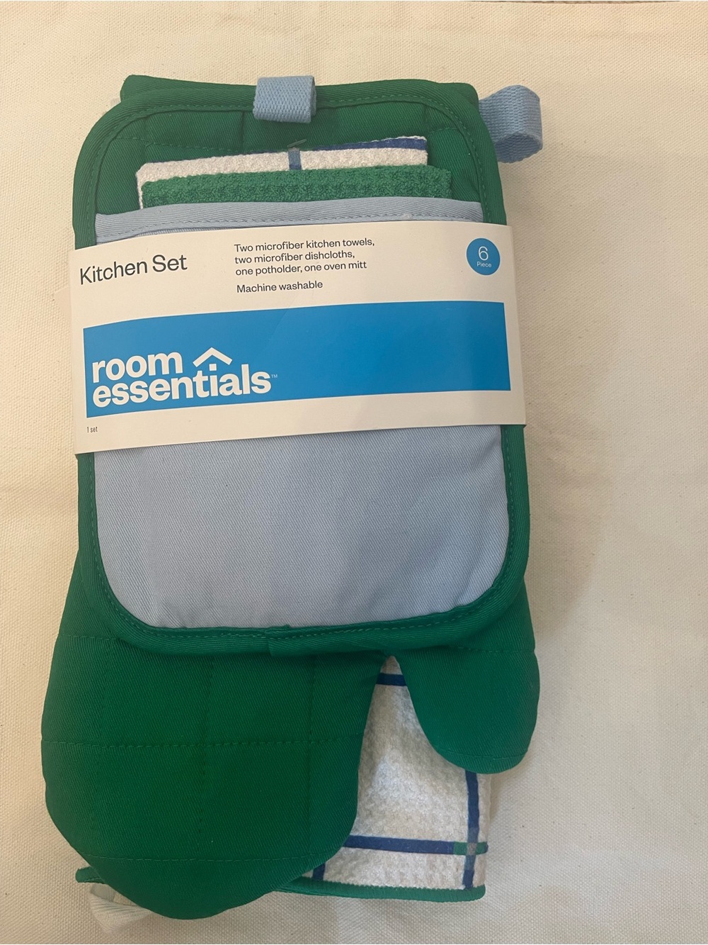 room essentials Green and Light Blue Kitchen Oven Mitt & Towel Set